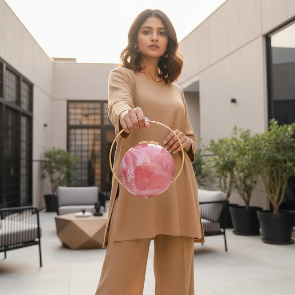 Pink Spherical Clutch | Brass Handle