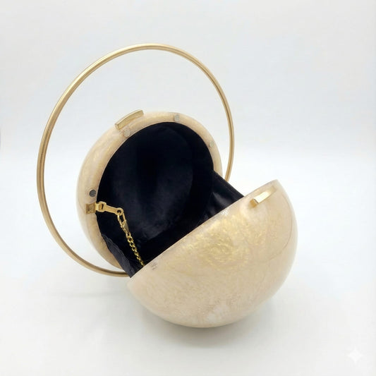 Golden Pearl Spherical Clutch | Circle Handle
