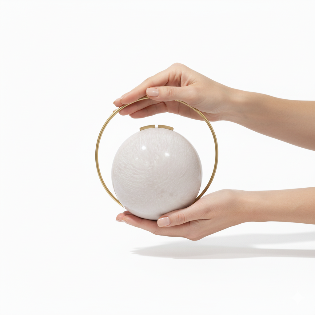 White Pearl Spherical Clutch | Brass Handle