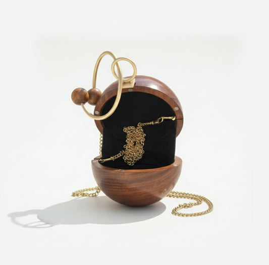Wooden Spherical Clutch | Brass Bracelet Handle