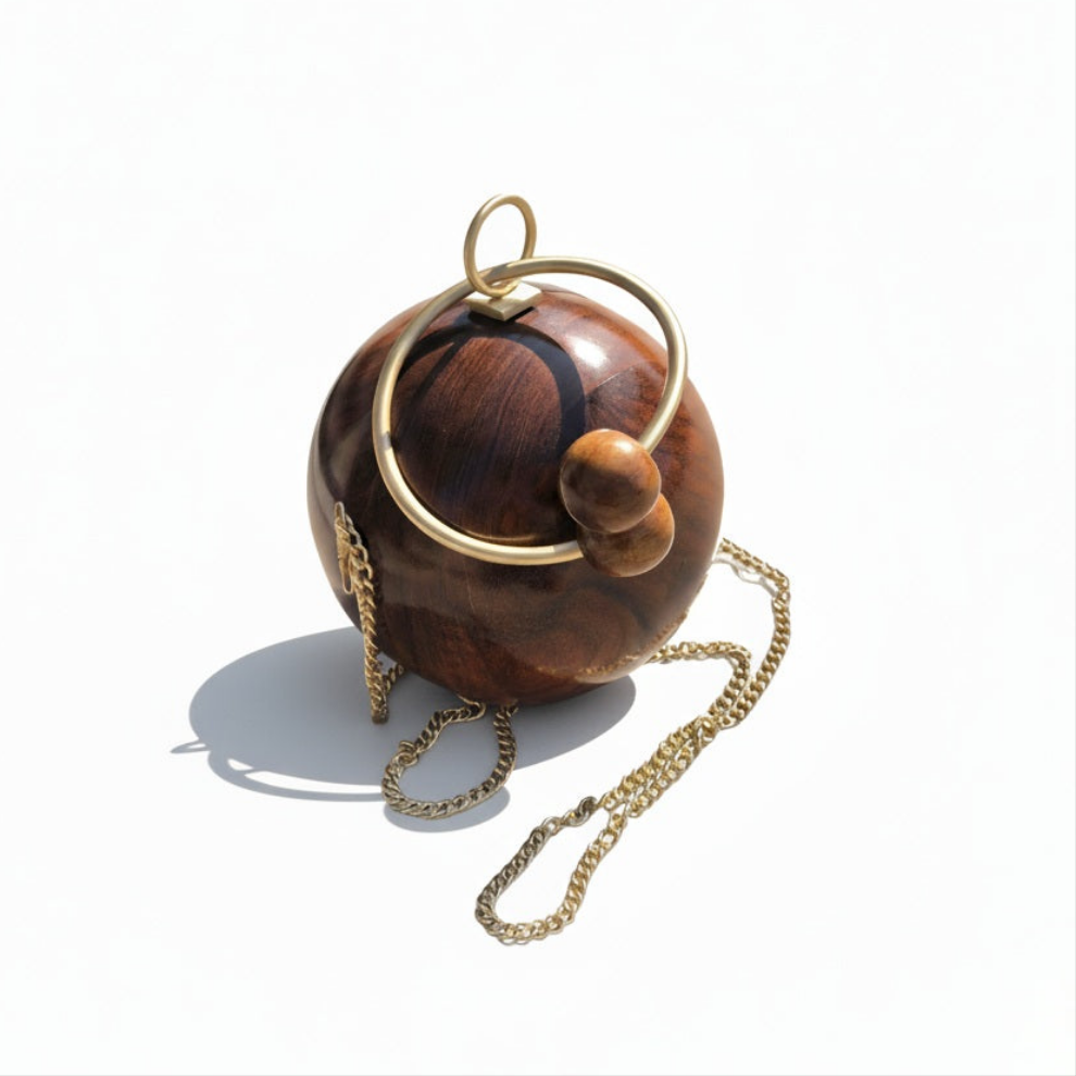 Wooden Spherical Clutch | Brass Bracelet Handle