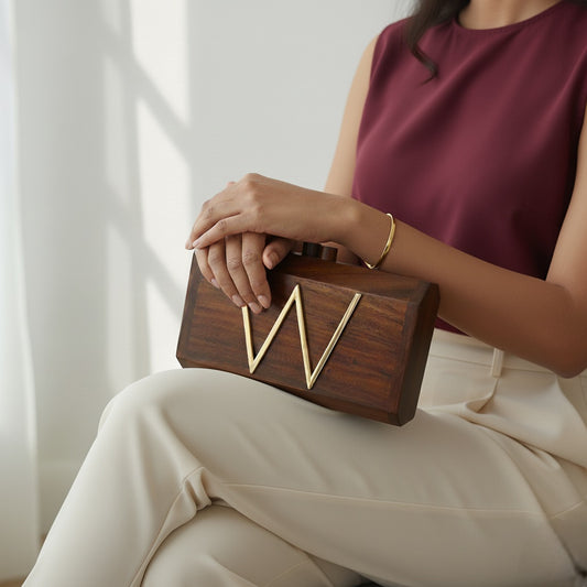 Hexagonal Wooden Clutch | Brass "W"