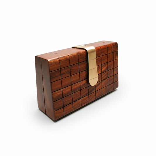 Handcarved Tapered Wooden Clutch | Brass Latch
