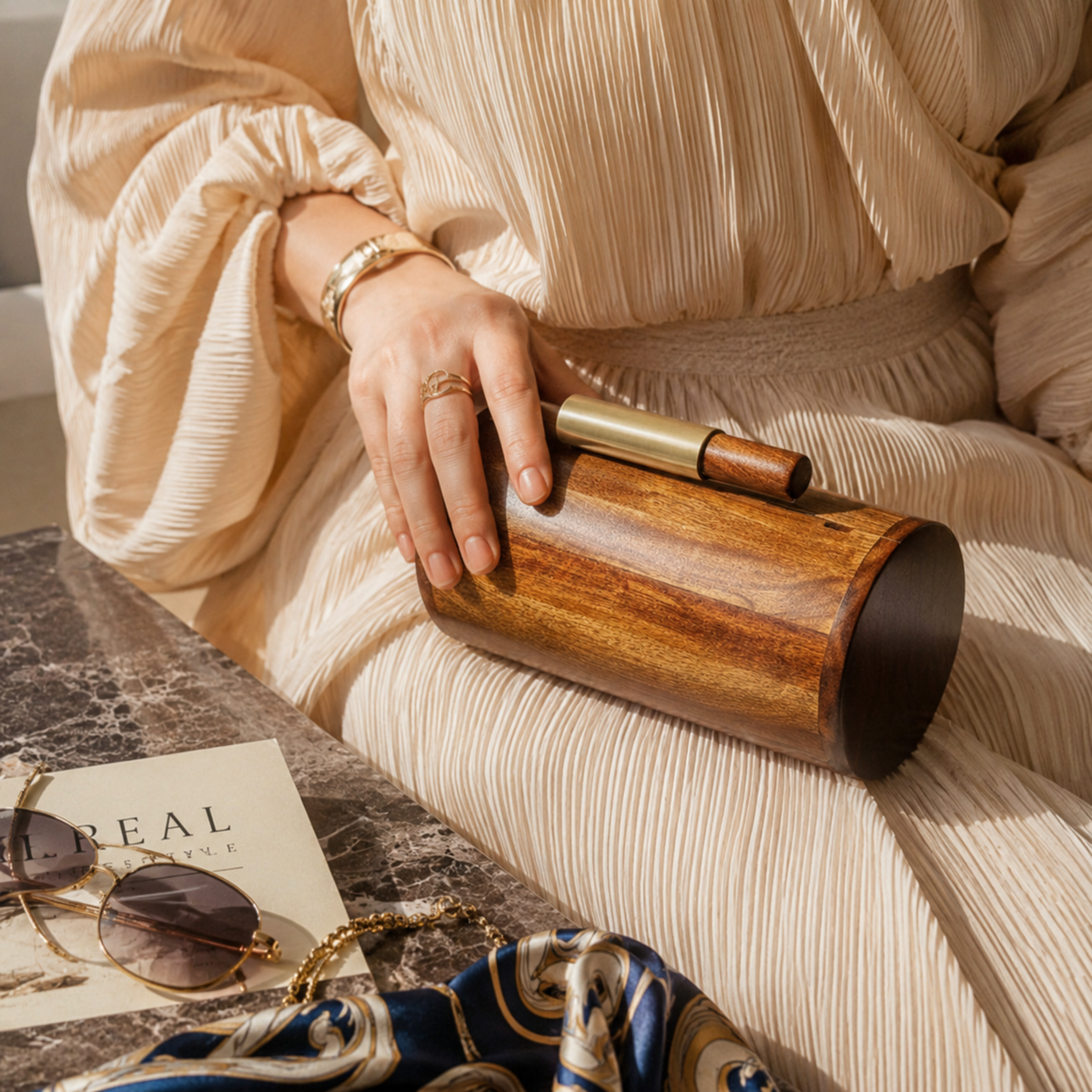 Cylindrical Wooden Clutch | Brass Knob