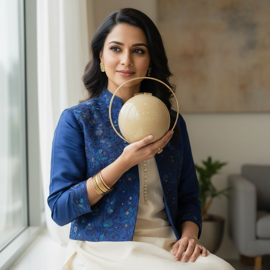 Golden Pearl Spherical Clutch | Brass Handle