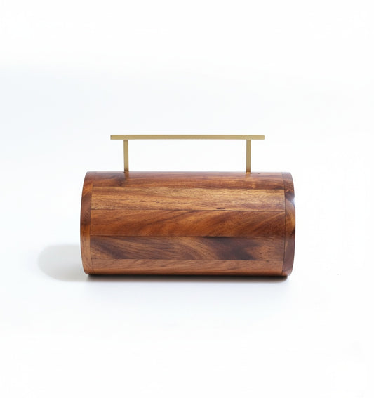 Cylindrical Wooden Clutch | Brass Handle