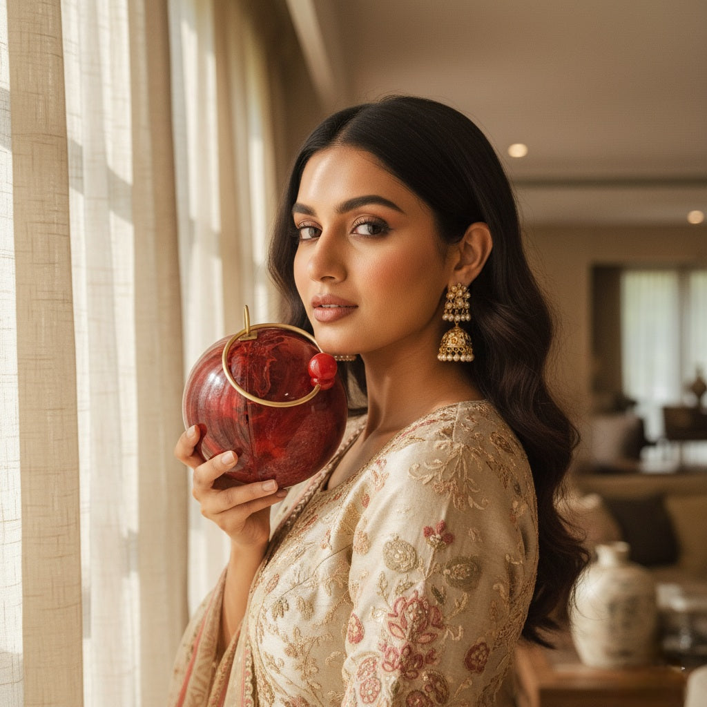 Red Spherical Clutch | Brass Bracelet Handle
