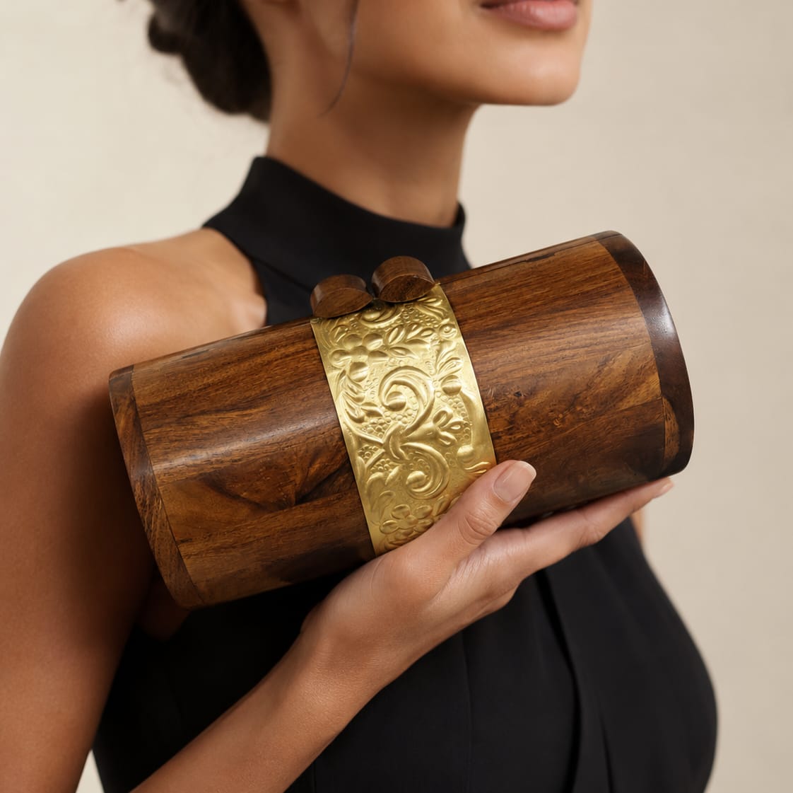 Cylindrical Wooden Clutch | Brass Vintage