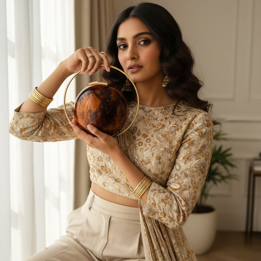 Amber Brown Spherical Clutch | Brass Handle