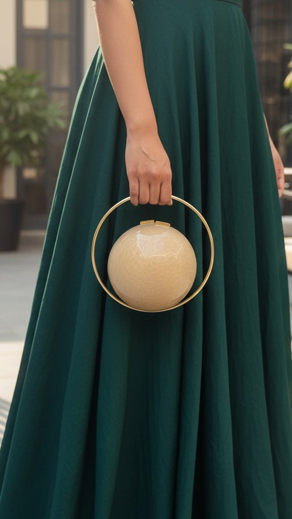 Golden Pearl Spherical Clutch | Brass Handle