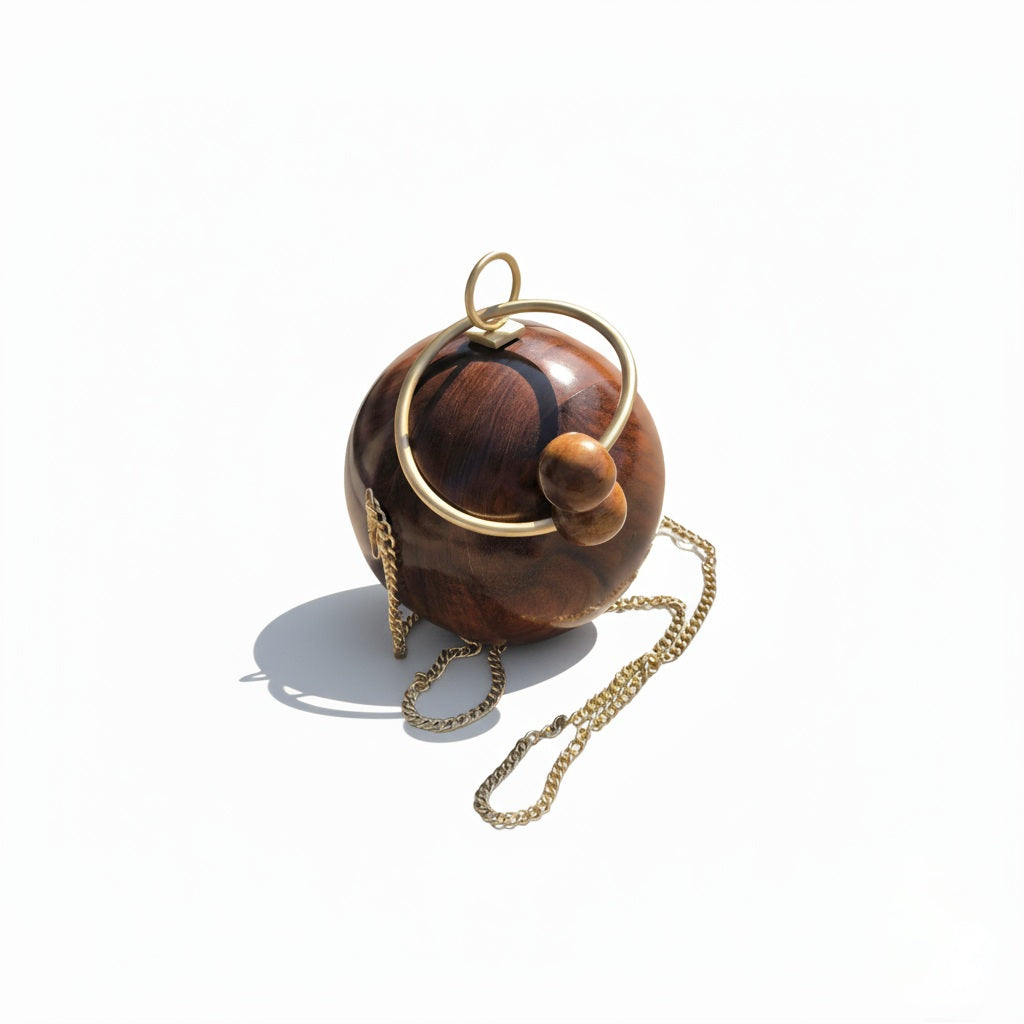 Wooden Spherical Clutch | Brass Bracelet Handle