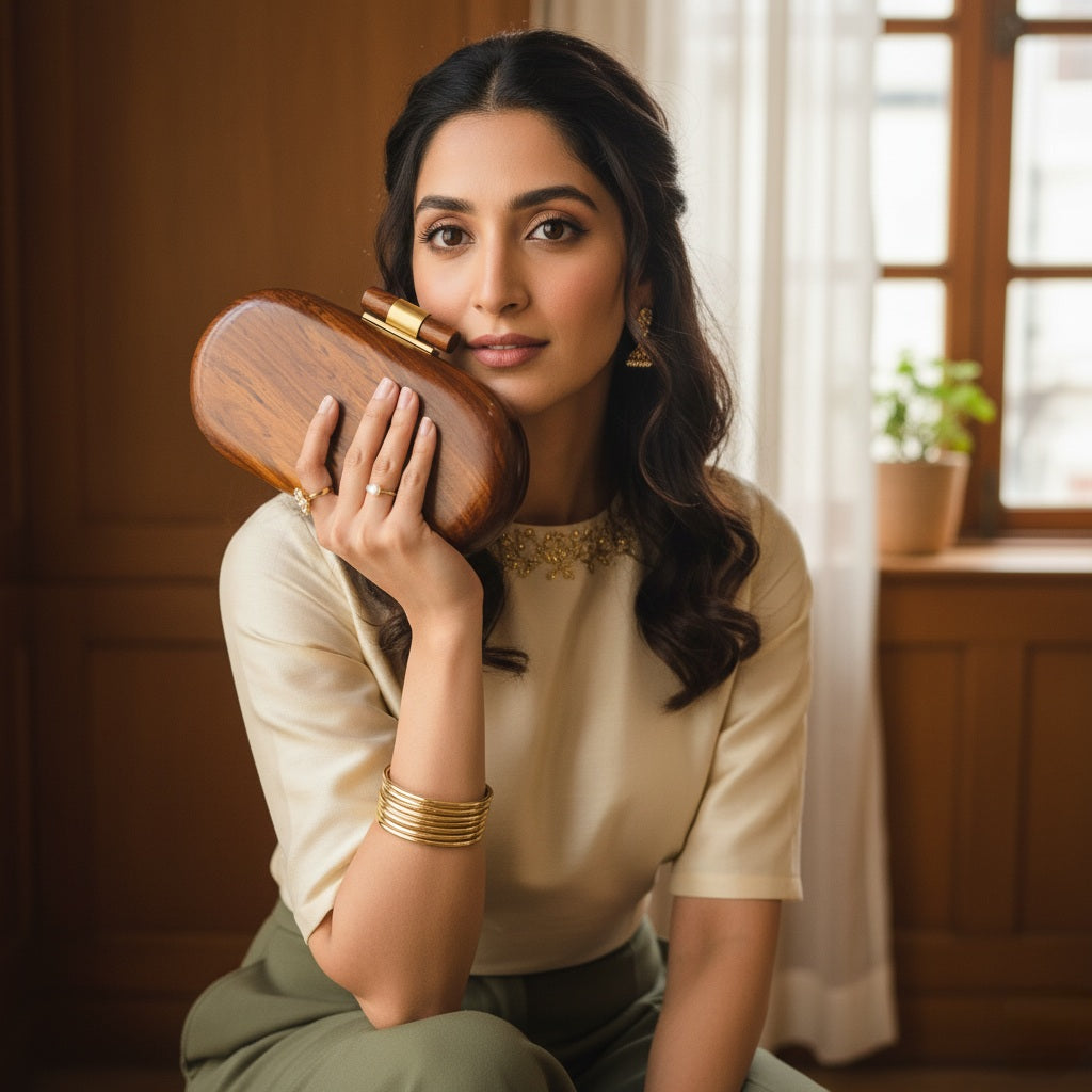 Wooden Capsule Clutch - 9"x4.5" | Brass Knob