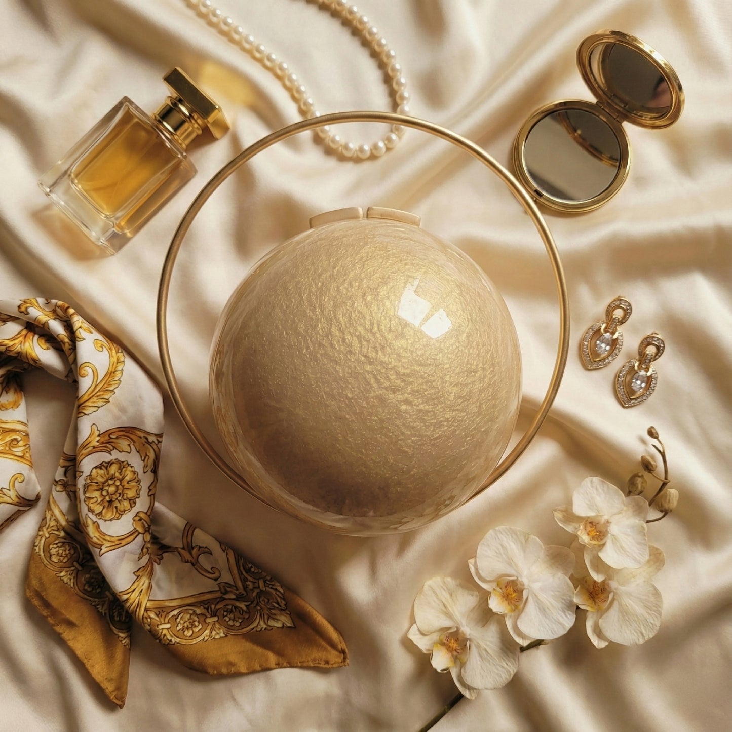 Golden Pearl Spherical Clutch | Brass Handle