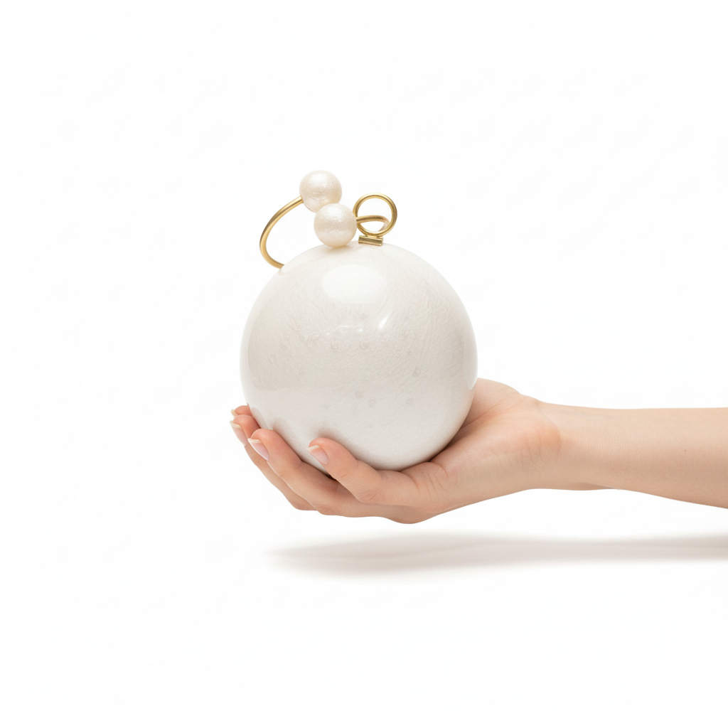 White Pearl Spherical Clutch | Brass Bracelet Handle