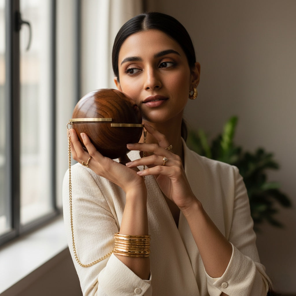 Wooden Spherical Clutch | Brass Knobs