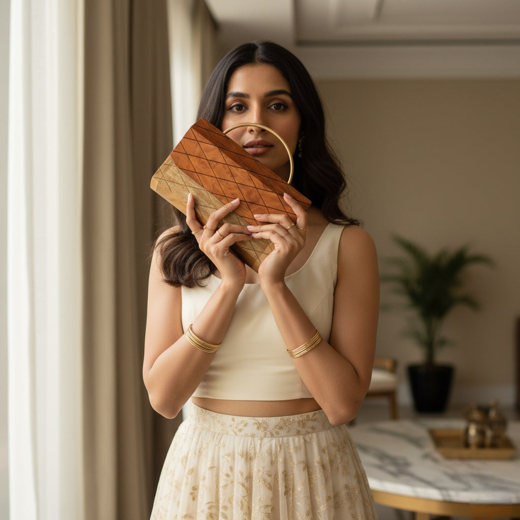 Hexagonal Wooden Clutch | Brass Handle