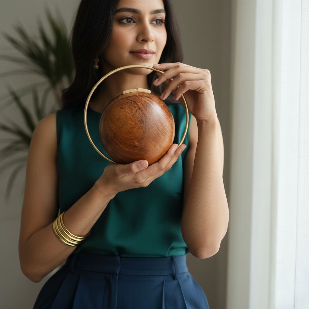Wooden Spherical Clutch | Brass Handle