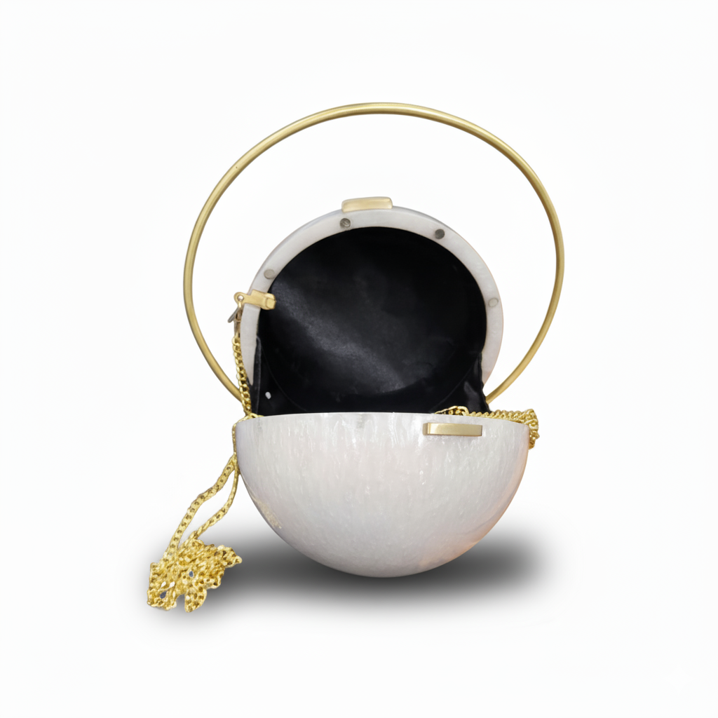 White Pearl Spherical Clutch | Brass Handle