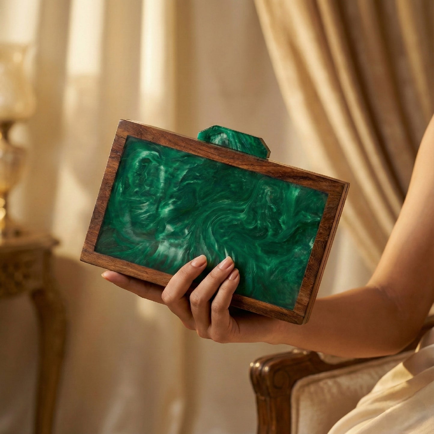 Handcrafted Wood Clutch | Emerald Faceplate