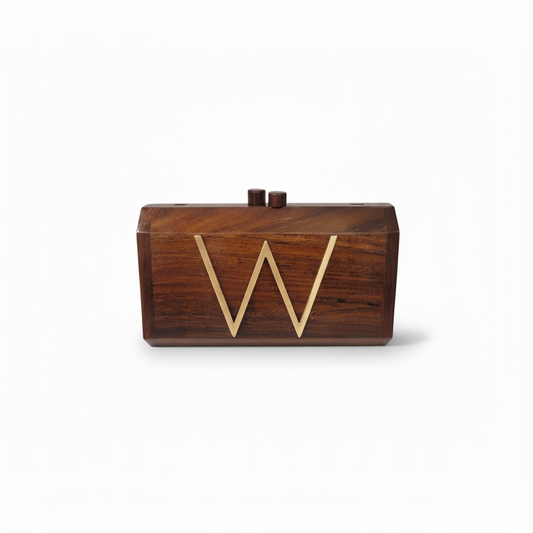Hexagonal Wooden Clutch | Brass "W"