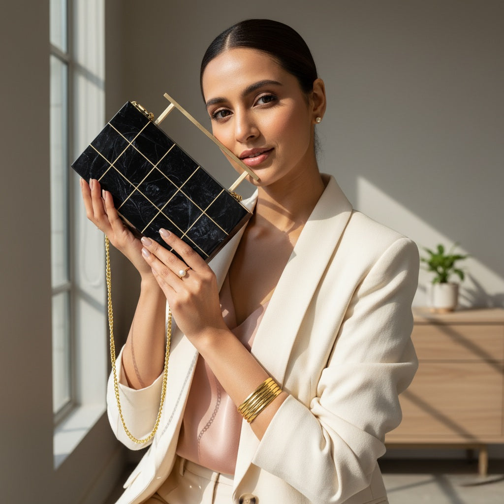 Black Resin Inlay Clutch | Brass Handle