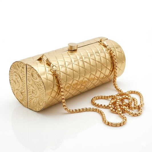 Quilted Cylindrical Clutch | Brushed Brass