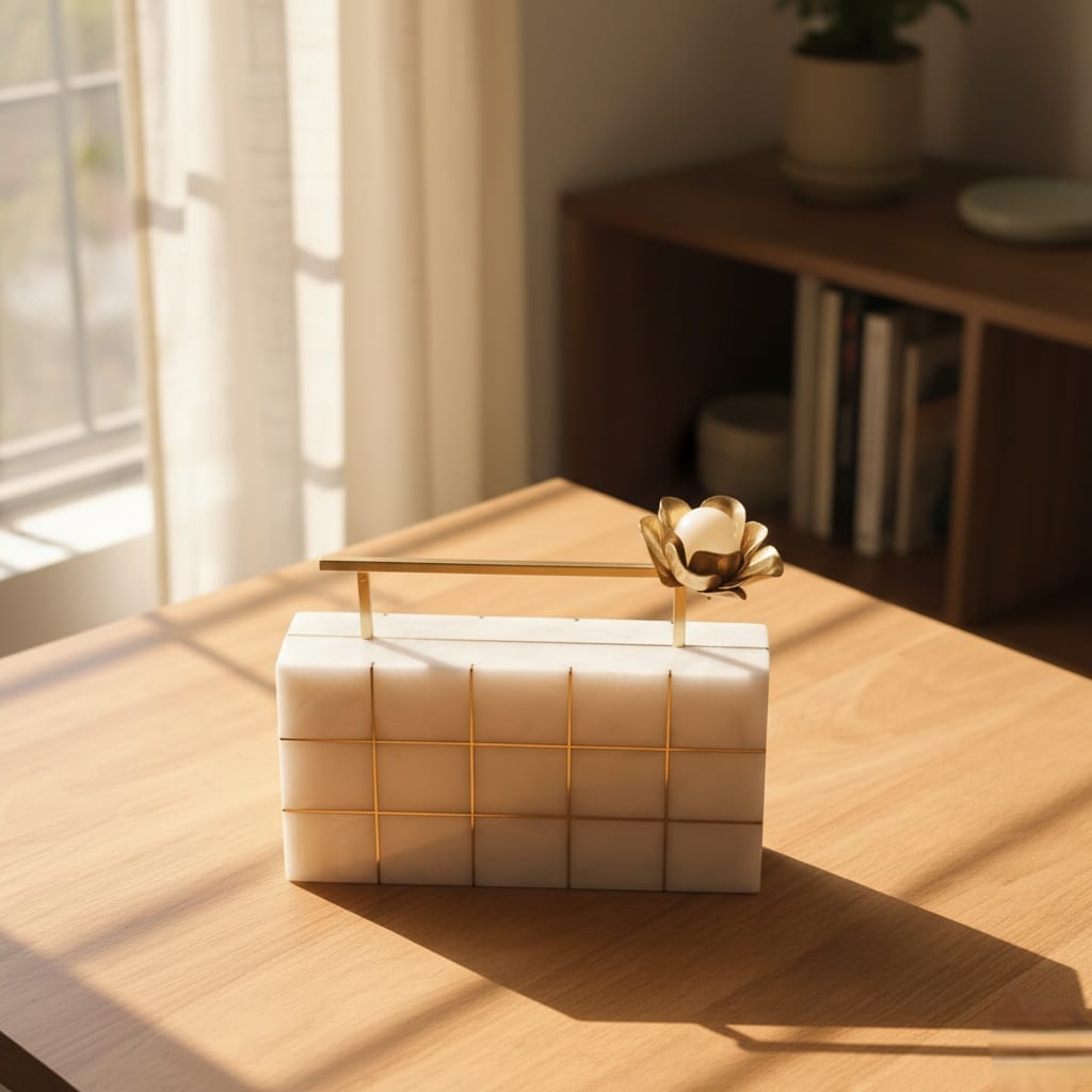 Ivory Resin Inlay Clutch | Brass Rose Handle