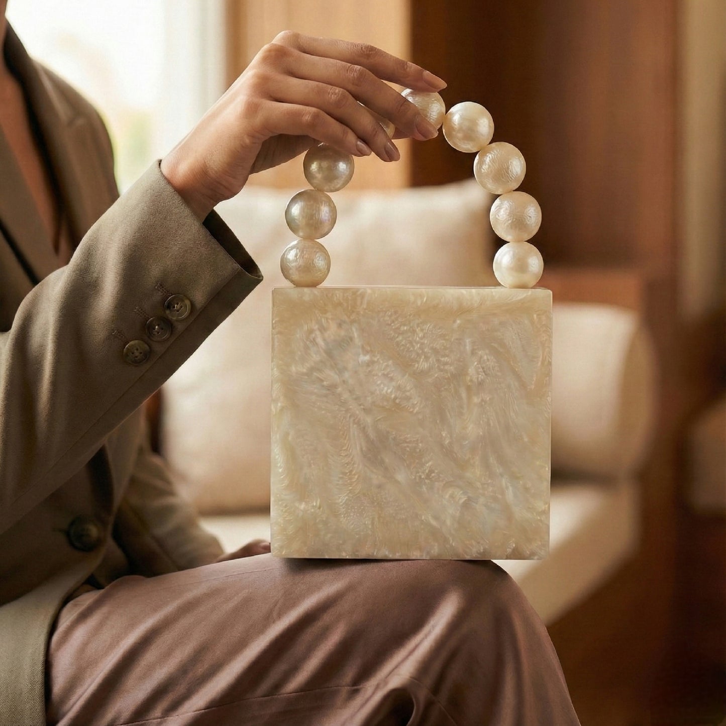 Golden Pearl Beads Resin Clutch