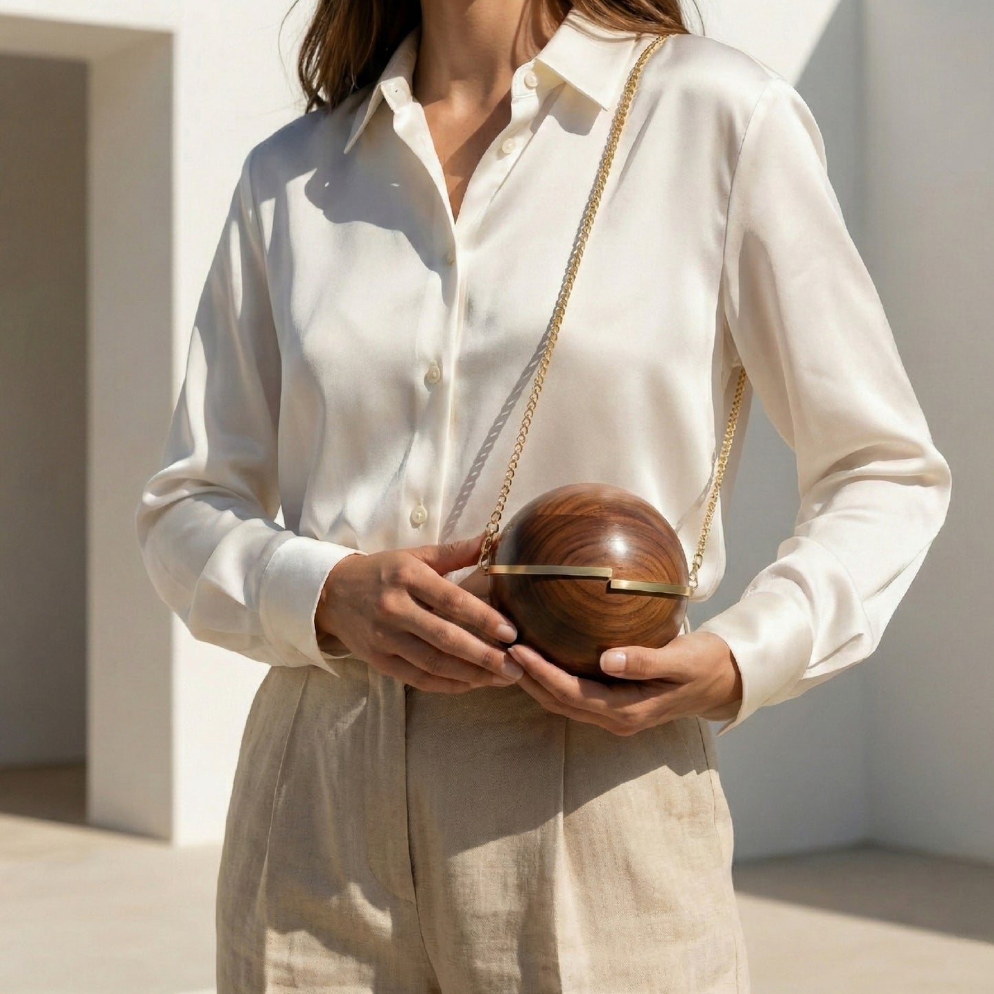 Wooden Spherical Clutch | Brass Knobs