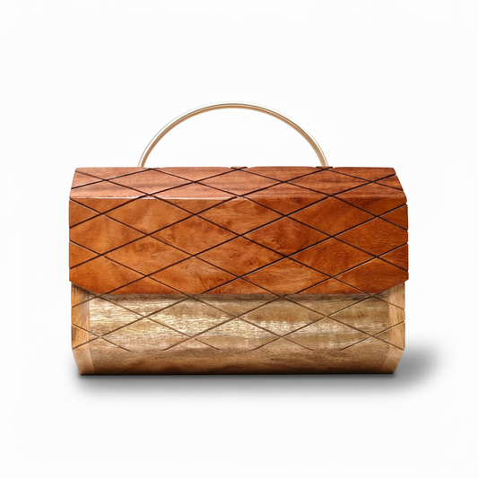 Hexagonal Wooden Clutch | Brass Handle